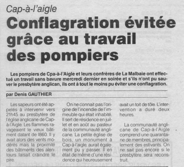 Newspaper account of the fire at the Chaplaincy Article by Denis Gauthier about fire at the Chaplaincy